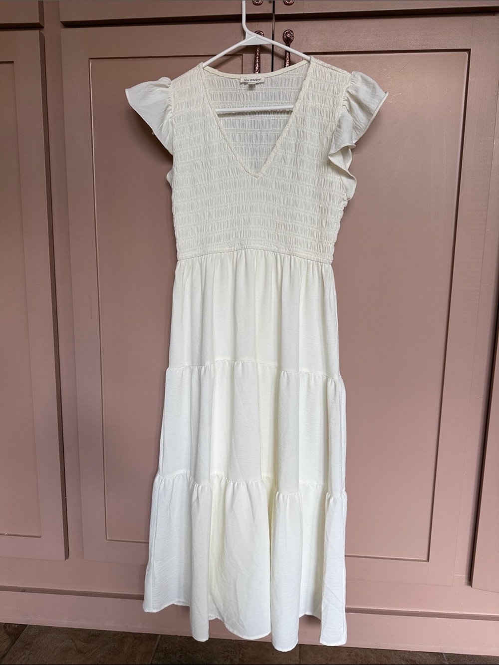 White Smocked Tiered Midi Dress with Flutter Sleeves (S)